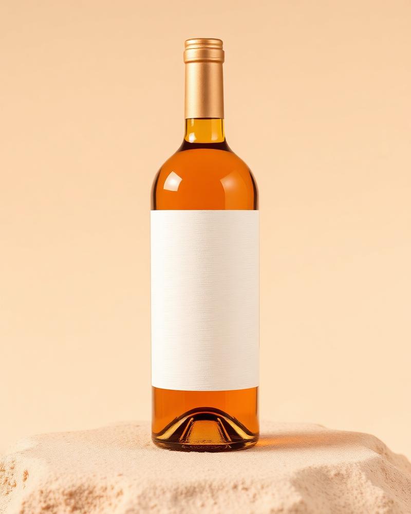A bottle of Veda & Vine decaf chai wine on a warm stone surface